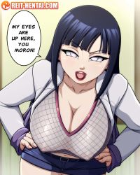Rule 34 | 1girl, black hair, breasts, cleavage, covered erect nipples, english text, fishnets, highres, hyuuga hinata, large breasts, purple eyes, leaning forward, long hair, looking at viewer, naruto (series), naruto shippuuden, nipples, open mouth, reit, see-through, solo, standing, watermark