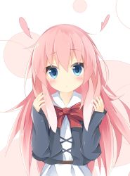 Rule 34 | 1girl, :&lt;, animal ears, blue eyes, blue jacket, blush, bow, bowtie, closed mouth, commentary request, dress, ears down, hair between eyes, head tilt, heart, highres, jacket, kushida you, long hair, long sleeves, looking at viewer, original, pink hair, rabbit ears, red bow, red bowtie, sleeves past wrists, solo, upper body, very long hair, white background, white dress