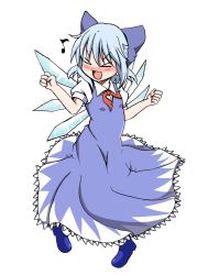 Rule 34 | &gt;:d, &gt; &lt;, 1girl, :d, > <, blouse, blue hair, blush, cirno, closed eyes, dancing, embodiment of scarlet devil, female focus, hair ribbon, musical note, open mouth, ribbon, shino (ponjiyuusu), shirt, simple background, smile, solo, touhou, v-shaped eyebrows, white background, white shirt, wings, xd