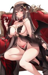 Rule 34 | 1girl, bat wings, black wings, blush, breasts, brown hair, commentary request, couch, cup, drinking glass, glass, head wings, highres, holding, holding cup, large breasts, legs, long hair, looking at viewer, navel, on couch, open mouth, original, pointy ears, pubic tattoo, red eyes, simple background, sitting, smile, solo, sora 72-iro, tattoo, thighs, very long hair, white background, wings