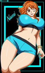 Rule 34 | 1girl, artist name, breasts, brown eyes, darkuro 27, female focus, large breasts, licking, nami (one piece), one eye closed, one piece, orange hair, ponytail, short shorts, shorts, sports bra, text focus, tongue, tongue out