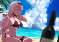 Rule 34 | 1girl, alcohol, arm up, ayumu (ayumu3659), bare arms, bare shoulders, beach, bikini, black bikini, black choker, black ribbon, blue sky, blurry, blurry foreground, bottle, breasts, choker, cleavage, closed mouth, cloud, collarbone, crown, cup, day, depth of field, drinking glass, from side, front-tie bikini top, front-tie top, halterneck, hand in own hair, highres, holding, holding cup, hololive, hololive english, horizon, large breasts, looking at viewer, looking to the side, mori calliope, navel, ocean, outdoors, pink hair, red eyes, revision, ribbon, side-tie bikini bottom, sideways glance, sitting, sky, solo, starfish, stomach, swimsuit, thigh strap, tiara, underboob, veil, virtual youtuber, water, wine, wine bottle, wine glass