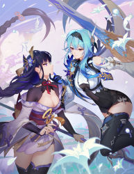 Rule 34 | 2girls, absurdres, armor, bird, black gloves, black hairband, black leotard, black thighhighs, blue cape, blue hair, blue necktie, blush, braid, breasts, cape, cleavage, eula (genshin impact), expressionless, eyelashes, flower, genshin impact, gloves, greatsword, hair flower, hair ornament, hairband, highres, holding, holding polearm, holding sword, holding weapon, japanese clothes, jewelry, kimono, large breasts, leotard, long sleeves, looking at another, low-braided long hair, low-tied long hair, medium hair, mitsudomoe (shape), mole, mole under eye, multiple girls, necktie, pendant, polearm, purple eyes, purple hair, purple kimono, raiden shogun, shoulder armor, sidelocks, smile, solo, spear, sword, thick thighs, thighhighs, thighs, tomoe (symbol), two-tone gloves, vision (genshin impact), weapon, wide sleeves, wtk, yellow eyes