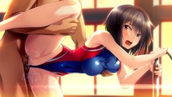 Rule 34 | 1boy, 1girl, arm support, black hair, blush, grabbing another&#039;s breast, breasts, brown eyes, censored, clothing aside, competition swimsuit, covered erect nipples, covered navel, cum, cum in pussy, game cg, grabbing, guilty, hetero, ikoma yui, indoors, leg hold, leg up, mosaic censoring, one-piece swimsuit, open mouth, pussy, pussy juice, rape, sex, short hair, spread legs, standing, sunset, swimsuit, swimsuit aside, toriko no (series), toriko no kusari, vaginal, wince