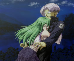 Rule 34 | 1boy, 1girl, blue eyes, breast on chest, breast press, breasts, cloud, crossover, detached sleeves, dragon ball, dragonball z, closed eyes, green hair, height difference, hetero, highres, hug, jacket, kamishima kanon, kochiya sanae, mountain, night, night sky, open mouth, silver hair, sky, star (sky), touhou, trunks (dragon ball), trunks (future) (dragon ball)