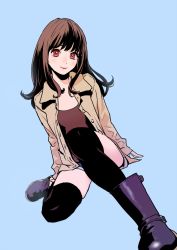Rule 34 | 1girl, black thighhighs, blue background, boots, brown hair, collared shirt, denim, denim shorts, dutch angle, foreshortening, knee up, long hair, looking at viewer, open clothes, open shirt, original, peco (pockleberry), red eyes, shirt, short shorts, shorts, sitting, smile, solo, thighhighs, unbuttoned, unbuttoned shirt