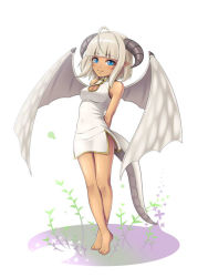 Rule 34 | 1girl, ahoge, arms behind back, bad id, bad twitter id, bare legs, bare shoulders, barefoot, blue eyes, china dress, chinese clothes, cleavage cutout, clothing cutout, dark skin, dark-skinned female, dragon girl, dragon wings, dress, full body, horns, crossed legs, light smile, looking at viewer, mochi.f, monster girl, original, platinum blonde hair, pointy ears, short hair, slit pupils, solo, tail, tiptoes, white dress, wings