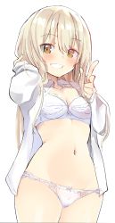 Rule 34 | 1girl, blonde hair, blush, bra, breasts, brown eyes, caburi, character request, cleavage, copyright request, cowboy shot, grin, highres, long hair, navel, no pants, open clothes, open shirt, panties, pointing, pointing at viewer, simple background, small breasts, smile, solo, underwear, w, white background, white bra, white panties