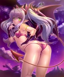 Rule 34 | 00s, 1girl, ass, back, bare legs, bare shoulders, bat wings, bikini, breasts, bridal gauntlets, butt crack, demon girl, fangs, female focus, finger to mouth, highres, horns, huge ass, kagami hirotaka, legs, lilim (taimanin asagi battle arena), lilith-soft, lips, long hair, looking at viewer, looking back, night, partially visible vulva, shiny skin, sky, small breasts, solo, swimsuit, tail, taimanin (series), taimanin asagi, taimanin asagi kessen arena, thong, twintails, underwear, wings, yellow eyes