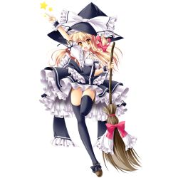 Rule 34 | 1girl, :d, adapted costume, black thighhighs, blonde hair, bow, braid, breasts, broom, cleavage, female focus, footwear bow, frilled skirt, frills, full body, hair bow, hat, hat bow, highres, kamiya tomoe, kirisame marisa, large bow, large breasts, long hair, mary janes, open mouth, panties, pantyshot, pink panties, pointing, pointing up, puffy short sleeves, puffy sleeves, ribbon, shoes, short sleeves, single braid, skirt, smile, solo, standing, standing on one leg, star (symbol), thighhighs, too many, touhou, transparent background, underwear, upskirt, white background, witch hat, wrist cuffs, yellow eyes