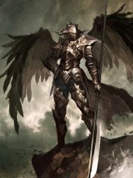 Rule 34 | 1other, armor, black wings, cloud, cloudy sky, feathered wings, gauntlets, glaive (polearm), greaves, grey sky, hand on own hip, helmet, holding, holding weapon, medium hair, outdoors, pauldrons, polearm, rock, shoulder armor, silver hair, sky, solo, standing, tahra, torn clothes, weapon, wings