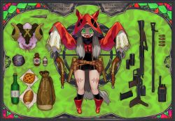 Rule 34 | 1girl, animal ears, animal head, black socks, blood, boots, border, bottle, bread, bullet, copyright name, drawstring, english text, fanny pack, food, full body, green background, green eyes, grey hair, gun, handgun, hood, hood up, kneehighs, leotard, long hair, long sleeves, looking at viewer, nail, nowaki nakasane, open mouth, outstretched arms, pie, poison, pouch, red footwear, red hood, rock, scar, shaded face, sheep head, skull print, sleeves past fingers, sleeves past wrists, socks, solo, split theme, stained glass, the boy who cried wolf, tongue, tongue out, turtleneck, walkie-talkie, weapon, weapon request, wheel, wolf ears, wolf hood, zombie pose