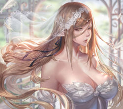 Rule 34 | 1girl, bare shoulders, blonde hair, blurry, breasts, bridal veil, bride, cleavage, depth of field, detached sleeves, dress, feathers, gtunver, hair ribbon, half-closed eyes, kiss-shot acerola-orion heart-under-blade, large breasts, long hair, monogatari (series), oshino shinobu, pointy ears, ribbon, solo, veil, wedding dress, white feathers, yellow eyes
