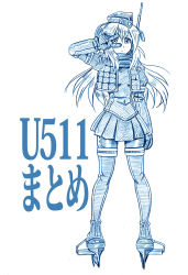 Rule 34 | 10s, 1girl, bbb (friskuser), blue theme, bodysuit, coat, comic, commentary request, diving suit, garrison cap, gloves, hat, highres, kantai collection, military, military hat, military uniform, monochrome, platform footwear, pleated skirt, revision, short hair, simple background, skirt, snorkel, traditional media, translated, u-511 (kancolle), uniform, v, wetsuit, white background
