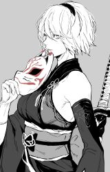 Rule 34 | 1girl, 2b (nier:automata), absurdres, bare shoulders, breasts, closed mouth, commentary, fox mask, gloves, grey background, greyscale, hairband, highres, holding, japanese clothes, kimono, lips, looking at viewer, mask, medium breasts, mole, mole under mouth, monochrome, nier:automata, nier (series), nishiii26miii, obi, sash, short hair, simple background, sleeveless, sword, symbol-only commentary, upper body, weapon, wide sleeves