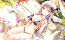 Rule 34 | 1girl, bang dream!, bikini, blush, breasts, butterfly hair ornament, cleavage, commentary request, dated, dutch angle, flower, grey hair, hair ornament, highres, long hair, looking at viewer, masa (mirage77), medium breasts, minato yukina, navel, parted lips, partially submerged, petals, pink flower, pink rose, purple flower, purple rose, rose, signature, solo, sparkle, swimsuit, wallpaper, water, yellow eyes
