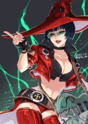 Rule 34 | 1girl, bare shoulders, black hair, breasts, choker, cleavage, electric guitar, fingerless gloves, gloves, green-tinted eyewear, green-tinted glasses, guilty gear, guilty gear strive, guitar, hat, highres, i-no, instrument, jacket, large breasts, looking at viewer, mole, mole above mouth, red hat, short hair, solo, sptn 00, sunglasses, thighhighs, tinted eyewear, witch hat