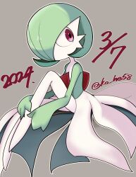 Rule 34 | 1girl, absurdres, artist name, bob cut, closed mouth, colored skin, creatures (company), dated, expressionless, female focus, flat chest, full body, game freak, gardevoir, gen 3 pokemon, green hair, green skin, grey background, hair over one eye, hand on own leg, highres, invisible chair, knee up, komhey, legs, looking to the side, multicolored skin, nintendo, one eye covered, outline, pokemon, pokemon (creature), red eyes, short hair, signature, simple background, sitting, solo, twitter username, two-tone skin, white outline, white skin