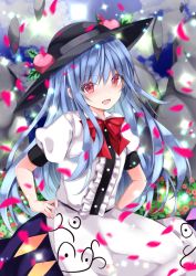 Rule 34 | 1girl, :d, black hat, blue hair, blue skirt, blurry, blush, bow, bowtie, cloud, cloudy sky, commentary request, cowboy shot, day, depth of field, falling petals, flat chest, flower, flower request, food, fruit, hands on own hips, hat, hinanawi tenshi, long hair, looking at viewer, nanase nao, nose blush, open mouth, outdoors, peach, petals, pink flower, puffy short sleeves, puffy sleeves, red bow, red bowtie, red eyes, shirt, short sleeves, skirt, sky, smile, solo, sparkle, touhou, very long hair, white shirt