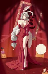 Rule 34 | &gt; &lt;, 1girl, absurdres, animal ears, azur lane, bare shoulders, breasts, cellphone, choker, cleavage, dress, elbow gloves, evening gown, fake animal ears, gloves, highres, holding, holding phone, icycore, indoors, iron blood (emblem), jewelry, large breasts, long dress, long hair, looking at viewer, manjuu (azur lane), mole, mole under eye, necklace, official alternate costume, pearl necklace, phone, prinz heinrich (azur lane), prinz heinrich (heinrich on stage) (azur lane), rabbit ears, red choker, red dress, red eyes, red gloves, shoes, side slit, smartphone, solo, strapless, strapless dress, very long hair, white footwear, white hair