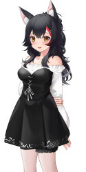 Rule 34 | animal ear fluff, animal ears, arm behind back, black dress, blush, collarbone, commentary, dress, frills, hair between eyes, hair ornament, hairpin, holding own arm, hololive, knees up, long hair, looking at viewer, mujinbensin, multicolored hair, off-shoulder dress, off shoulder, ookami mio, open mouth, short dress, streaked hair, thigh strap, thighs, virtual youtuber, white sleeves, wolf ears, wolf girl, yellow eyes
