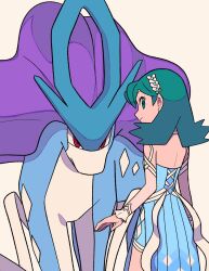 Rule 34 | 1girl, backless dress, backless outfit, blue dress, closed mouth, commentary, creatures (company), dress, eyelashes, game freak, gen 2 pokemon, green eyes, green hair, hair ornament, highres, kris (pokemon), kris (sygna suit) (pokemon), legendary pokemon, long hair, looking back, nintendo, official alternate costume, pokemon, pokemon (creature), pokemon masters ex, simple background, smile, suicune, twintails, tyako 089, white background, wrist cuffs