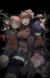 Rule 34 | 4girls, ^ ^, black legwear, blazer, blue skirt, bow, breasts, brown hair, brown jacket, closed eyes, closed mouth, collared shirt, doki doki literature club, hair between eyes, hair bow, hair intakes, hair ribbon, hand on another&#039;s head, highres, jacket, long hair, monika (doki doki literature club), multiple girls, natsuki (doki doki literature club), neck ribbon, open mouth, pink hair, pleated skirt, ponytail, purple hair, qosic, red bow, red ribbon, ribbon, sayori (doki doki literature club), school uniform, shirt, short hair, sidelocks, sitting, skirt, sleeping, smile, thighhighs, two side up, white bow, white ribbon, white shirt, yuri (doki doki literature club)