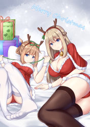 Rule 34 | 2girls, antlers, black legwear, blue eyes, box, breasts, capelet, christmas, fake antlers, fur-trimmed capelet, fur trim, gift, gift box, hairband, highres, horns, large breasts, lexington (warship girls r), light brown hair, long hair, looking at viewer, lying, merry christmas, multiple girls, on back, on bed, on side, phelps (warship girls r), pillow, platinum blonde hair, red capelet, red hairband, reindeer antlers, santa costume, sidelocks, smile, thighhighs, warship girls r, white legwear, xiao qi