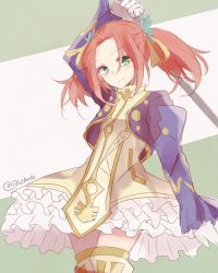 Rule 34 | 1girl, aqua eyes, blush, boots, dress, eleanor hume, frills, gloves, hair ornament, jacket, long hair, red hair, spear, tales of (series), tales of berseria, thigh boots, thighhighs, twintails, weapon