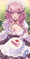 Rule 34 | 1girl, :d, absurdres, apron, black skirt, blue eyes, breasts, cake, cleavage, commentary request, elysia (honkai impact), food, fork, gloves, high-waist skirt, highres, holding, holding fork, holding plate, honkai (series), honkai impact 3rd, large breasts, long hair, looking at viewer, maid, maid headdress, miukoobi, open mouth, pink hair, plate, pointy ears, puffy sleeves, skirt, smile, solo, white apron, white gloves
