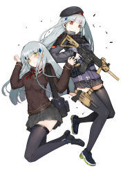 Rule 34 | 2girls, alternate eye color, ammunition pouch, assault rifle, bag, beret, black footwear, black legwear, black skirt, blue hair, blunt bangs, blush, brown sweater, clenched hand, commentary, cross hair ornament, dual persona, earphones, earplugs, ekuesu, embarrassed, english commentary, eyebrows, facial mark, frown, german flag, girls&#039; frontline, gloves, green eyes, gun, h&amp;k hk416, hair ornament, handgun, hands up, hat, highres, hk416 (girls&#039; frontline), holding, holding weapon, holstered, jacket, jumping, loafers, long hair, looking at viewer, looking away, multiple girls, optical sight, pouch, purple jacket, red eyes, rifle, school uniform, scope, serafuku, shoes, shoulder bag, sight, silver hair, skirt, sneakers, suppressor, sweater, tactical clothes, tattoo, teardrop, teardrop facial mark, teardrop tattoo, thighhighs, trigger discipline, vertical forward grip, weapon, white gloves