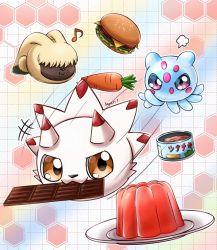 bosamon burger carrot chocolate digimon food gurimon highres jellyfish pudding puyoyomon