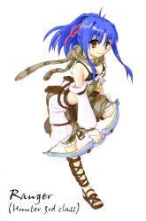 Rule 34 | blue hair, bow, brown eyes, camouflage, character name, english text, ponytail, ragnarok online, ranger, ranger (ragnarok online), smile, solo, white background