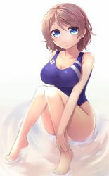 Rule 34 | 10s, 1girl, barefoot, blue eyes, blue one-piece swimsuit, blush, breasts, brown hair, cleavage, collarbone, competition swimsuit, large breasts, looking at viewer, love live!, love live! school idol project, love live! sunshine!!, motokonut, one-piece swimsuit, short hair, sitting, smile, solo, swimsuit, watanabe you, water, wet