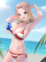 Rule 34 | 1girl, absurdres, adjusting clothes, adjusting swimsuit, american flag bikini, american flag print, armpits, arms up, basoba, beach, bikini, blonde hair, blue eyes, blue sky, blurry, blurry foreground, breasts, cleavage, cloud, cloudy sky, commentary, day, flag print, girls und panzer, highres, horizon, huge breasts, kay (girls und panzer), looking at viewer, medium hair, navel, ocean, open mouth, outdoors, print bikini, side-tie bikini bottom, skindentation, sky, smile, solo, standing, sweatdrop, swimsuit, water