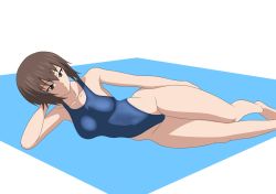Rule 34 | 1girl, blue one-piece swimsuit, blush, breasts, brown eyes, brown hair, chousokabe k, girls und panzer, highres, large breasts, lying, nishizumi maho, on side, one-piece swimsuit, short hair, solo, swimsuit