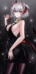 Rule 34 | 1girl, absurdres, alcohol, alternate costume, animal ears, areola slip, arknights, bad id, bad pixiv id, bare shoulders, black background, black dress, bracelet, breasts, cleavage, cleavage cutout, closed mouth, clothing cutout, cowboy shot, cup, demon girl, demon horns, demon tail, dress, drinking glass, fingernails, glint, grey hair, highres, holding, holding cup, horns, jewelry, large breasts, long fingernails, looking at viewer, minuolin, multicolored hair, nail polish, necklace, pantyhose, pouring, pouring onto self, red eyes, red hair, red nails, red pantyhose, seamed legwear, short hair, side-seamed legwear, simple background, sleeveless, sleeveless dress, smile, solo, sparkle background, tail, tail ornament, tail ring, two-tone hair, w (arknights), wine