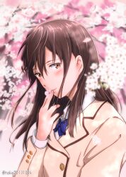 Rule 34 | 1girl, artist name, blue bow, blue bowtie, blush, bow, bowtie, brown eyes, brown jacket, cherry blossoms, collared shirt, holding, jacket, kimi no suizou wo tabetai, long hair, long sleeves, looking at viewer, name connection, object namesake, outdoors, petals, school uniform, shirt, smile, solo, take20131004, tree, upper body, white shirt, yamauchi sakura