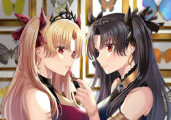 Rule 34 | 2girls, applying makeup, bad id, bad pixiv id, bare shoulders, black hair, black nails, blonde hair, blush, breasts, bug, butterfly, commentary request, cosmetics, earrings, ereshkigal (fate), fate/grand order, fate (series), from side, hair ornament, hair ribbon, harimoji, holding, holding lipstick tube, insect, ishtar (fate), jewelry, large breasts, lipstick, lipstick tube, long hair, looking at another, makeup, multiple girls, nail polish, parted bangs, parted lips, red eyes, ribbon, smile, tiara, two side up