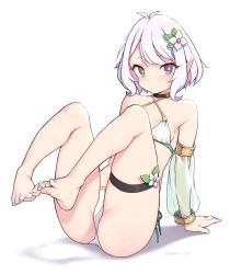 Rule 34 | 1girl, arm support, ass, barefoot, bikini, breasts, bright pupils, choker, cloba, commentary, criss-cross halter, detached sleeves, expressionless, full body, halterneck, highres, kokkoro (princess connect!), leaning back, legs up, light purple hair, looking at viewer, nail polish, pointy ears, princess connect!, purple eyes, see-through, short hair, side-tie bikini bottom, simple background, sitting, small breasts, solo, spread toes, swimsuit, symbol-only commentary, thigh strap, toenail polish, toenails, toes, white background, white bikini, white pupils