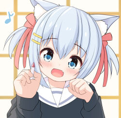 Rule 34 | 1girl, :d, animal ear fluff, animal ears, blue eyes, blue hair, blue pupils, blush, cat ears, cat girl, commentary, eighth note, fang, hair between eyes, hair ornament, hair ribbon, hairclip, hands up, head tilt, highres, light blue hair, long sleeves, looking at viewer, musical note, nekomimimix, open mouth, original, paw pose, pen, red ribbon, ribbon, sailor collar, short hair, short twintails, sidelocks, skin fang, smile, solo, sweater, twintails, white sailor collar