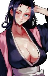 Rule 34 | 1girl, arm at side, arm up, black hair, bleach, blush, breasts, cleavage, cosplay, eyelashes, green eyes, haori, highres, japanese clothes, large breasts, lips, long hair, long sleeves, looking at viewer, matsumoto rangiku, matsumoto rangiku (cosplay), nico robin, one eye closed, one piece, parted lips, plunging neckline, simple background, smile, solo, taichou haori, upper body, vcais, white background