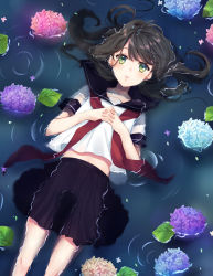 Rule 34 | 1girl, black hair, black skirt, commentary request, cowboy shot, cropped legs, feet out of frame, floating, floating hair, flower, green eyes, hair between eyes, hair spread out, hydrangea, interlocked fingers, leaf, looking at viewer, medium hair, midriff, navel, nazuna shizuku, neckerchief, original, own hands together, parted lips, partially submerged, pleated skirt, red neckerchief, sailor collar, school uniform, serafuku, shirt, short sleeves, skirt, solo, swept bangs, untied, water, white shirt