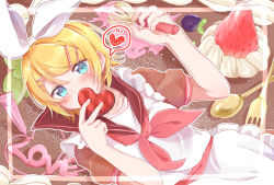Rule 34 | 1girl, apron, black collar, blonde hair, blue eyes, blush, bow, collar, commentary, covering own mouth, cream, dutch angle, eggplant, food, food coloring, fork, frilled apron, frills, fruit, hair bow, hair ornament, hairclip, heart, highres, holding, holding heart, holding whisk, kagamine rin, looking at viewer, lying, on back, sailor collar, short hair, short sleeves, solo, speech bubble, spoken heart, spoon, strawberry, swept bangs, tatibanamarin, upper body, valentine, vocaloid, whisk, white bow