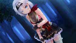 Rule 34 | 1girl, akasaai, bandaged leg, bandages, bare arms, black gloves, black headband, black skirt, blue eyes, breasts, bruise, bruise on face, cleavage, clenched teeth, collarbone, cowboy shot, dutch angle, fingerless gloves, forest, frilled skirt, frills, game cg, gloves, headband, injury, medium breasts, medium hair, miniskirt, nature, night, ninnindays, non-web source, pleated skirt, skirt, solo, standing, suzuran (ninnindays), teeth, torn clothes, torn gloves, white hair