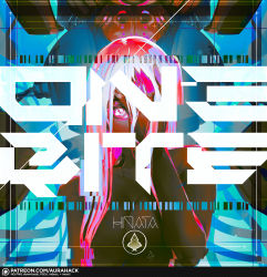 Rule 34 | 1girl, album cover, aurahack, breasts, cleavage, commentary, cover, cyborg, dark skin, dark-skinned female, english commentary, fake cover, hand on own face, highres, long hair, one eye covered, original, pink eyes, pink hair, science fiction, solo