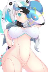 Rule 34 | 1girl, android, armor, ashblossom arts, bikini, blue eyes, blush, bottomless, breasts, cleavage, female focus, headgear, highres, ico (megaman x dive), joints, mechanical arms, mega man (series), mega man x (series), mega man x dive, one eye closed, pussy, robot girl, robot joints, silver hair, solo, standing, swimsuit, underboob, wide sleeves