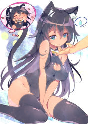 Rule 34 | 1girl, animal ears, arm support, bare arms, bare shoulders, between legs, blue eyes, blush, breasts, cat, cat cutout, cat ears, cat tail, cleavage cutout, clothing cutout, collar, dark-skinned female, dark skin, drooling, fujishima-sei ichi-gou, full body, groin, hair between eyes, hand between legs, heart, highleg, highleg swimsuit, highres, imagining, impossible clothes, kuudere, large breasts, looking down, one-piece swimsuit, original, parted lips, purple hair, sitting, solo, swimsuit, tail, thighhighs, thighs, thought bubble