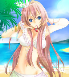 1girl beach bikini blue_eyes bow bracelet breasts day female_focus hair_bow honetama jewelry long_hair medium_breasts megurine_luka navel pink_hair solo swimsuit vocaloid white_bikini