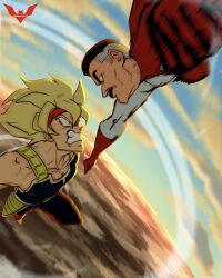 Rule 34 | 2boys, armor, bardock, batm andrew, black hair, blonde hair, blue eyes, cape, clenched teeth, cloud, crossover, dragon ball, dragonball z, facial hair, frown, gloves, grey hair, highres, invincible (series), male focus, multicolored hair, multiple boys, mustache, nolan grayson, omni-man, red cape, red gloves, serious, sky, super saiyan, super saiyan 1, superhero costume, teeth, trait connection, two-tone hair, watermark